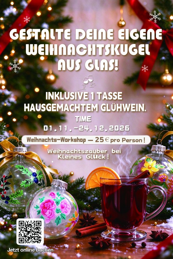 Christmas bauble painting workshop poster: one cup of homemade mulled wine, 25 euros per person, 1 November to 24 December 2026