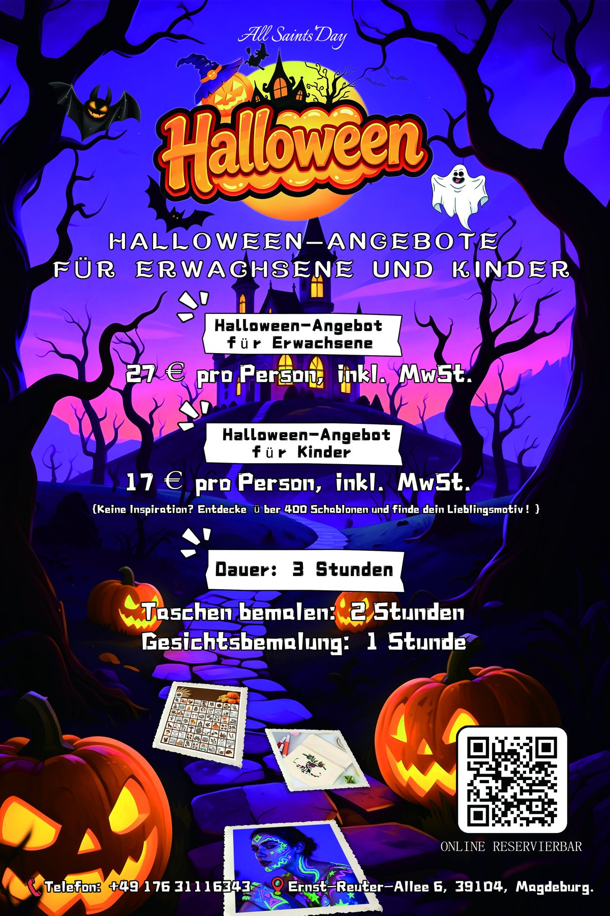 Halloween offer poster for the Magdeburg craft studio: bag painting and face painting for adults and children