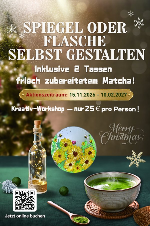 Mirror or glass bottle painting workshop poster: two cups of matcha, 25 euros per person, 15 November 2026 to 10 February 2027